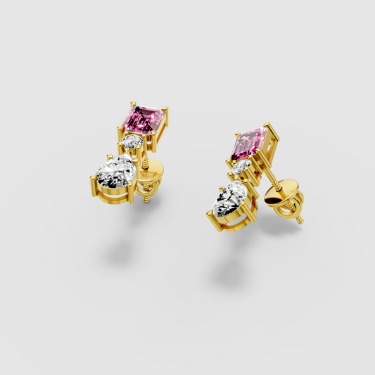 Amanda - 18K Gold Emerald-Cut Pink Tourmaline & Moissanite Drop Earrings"