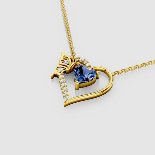 Anna - Solid 18K Gold Heart-Cut Blue Sapphire & Butterfly Drop Pendant"