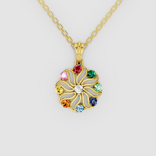 Rainbow Swirl – Natural Multi-Gemstone Pinwheel Floral Pendant in 18KT Gold