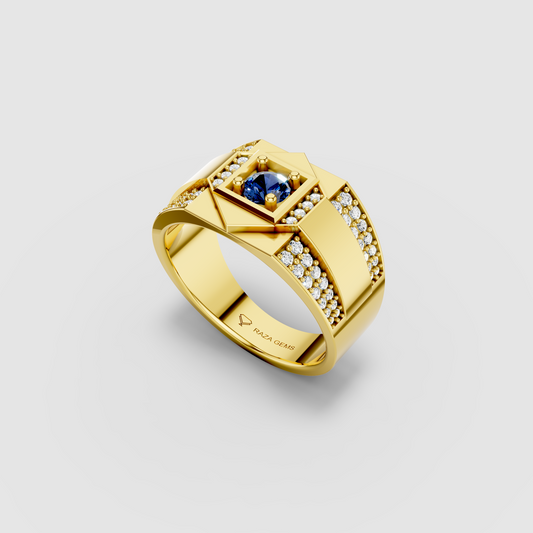 Hazel - Solid 18K Gold Blue Sapphire Square Focal & Pavé Moissanite Band