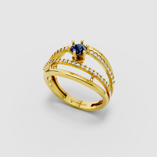 Evelyn – Round Blue Sapphire & Moissanite Double Pavé Band Ring in 18KT Gold