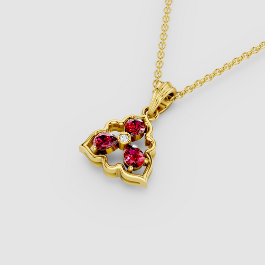 Pamela - Solid 18K Gold Three-Stone Pear Ruby & Moissanite Cluster Pendant"