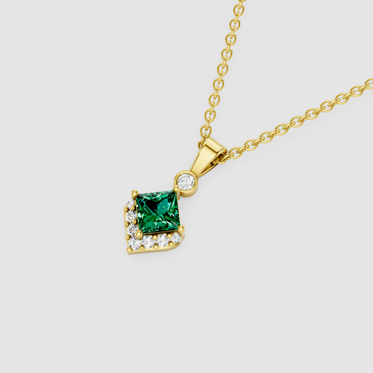 Princess Cut Emerald & Moissanite Pendant in 18K Solid Gold | Yellow, White, Rose Gold