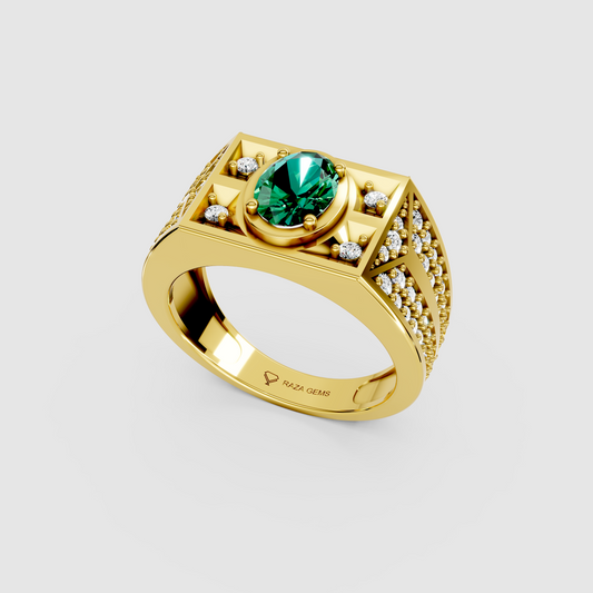 Arabella – Oval Emerald Men's Ring with Moissanite Accents in 18KT Gold