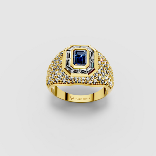 Adeline - Solid 18K Gold Emerald-Cut Sapphire with Baguette & Pavé Moissanite Halo Ring