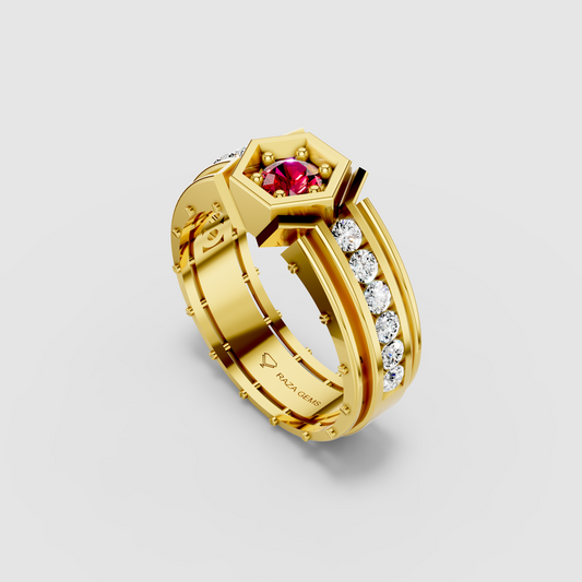 Daisy - 18K Gold Bezel Red Garnet & Moissanite Channel Signet Ring