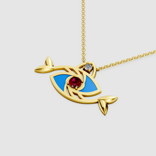 Elena – 18K Gold Evil Eye Fish Enamel Pendant with Ruby & Moissanite