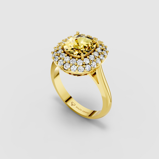 Rosalie - 18K Gold Oval Yellow Sapphire Double Halo Moissanite Ring