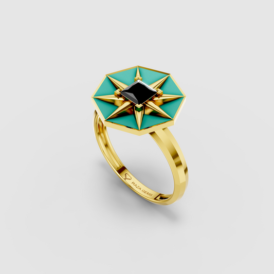 Sadie - 18K Gold Princess Black Spinel & Turquoise Enamel Ring