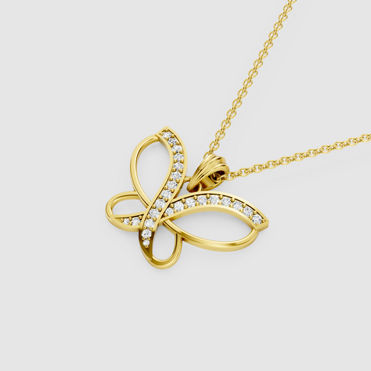 Freya – Openwork Butterfly Pendant with Pave Moissanite Ribbon in 18KT Gold
