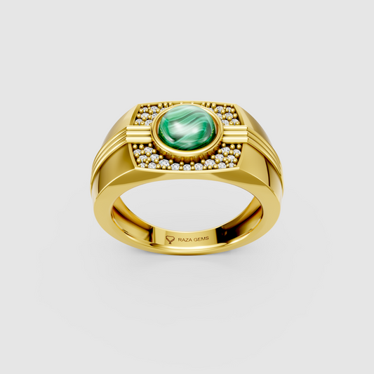 Phoebe – Natural Round Malachite & Moissanite Men's Ring in 18KT Gold