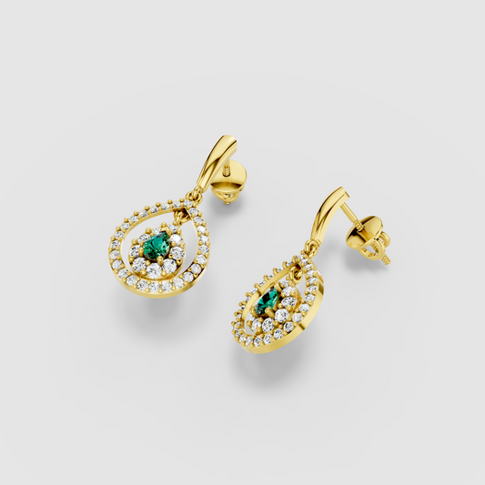 Patricia - 18K Gold Pear Emerald & Double Moissanite Halo Teardrop Drop Earrings"