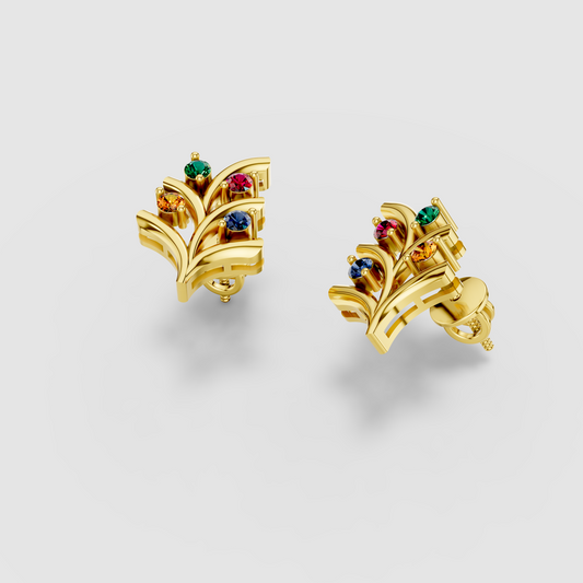 Margaret - Solid 18K Gold Multi-Color Gemstone Foliage Earrings" (Luxurious & Catchy)
