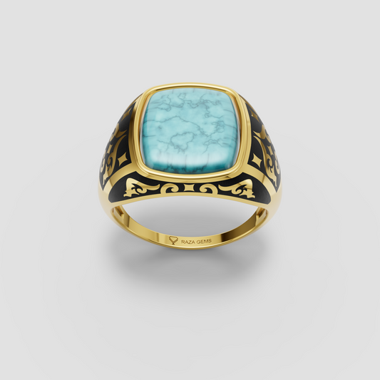 Aria – Cushion Turquoise Ring with Vintage Black Enamel in 18KT Gold