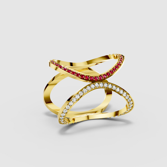 Sophia - 18K Gold Pavé Emerald, Ruby & Moissanite Cage Ring