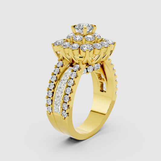 Elsie - 18K Solid Gold Flower Cluster Moissanite Statement Ring with Triple-Row Band
