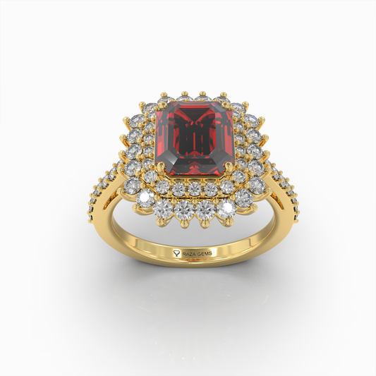 Cally - 18K Solid Gold Natural Ruby Double Halo Ring with Sparkling Moissanite Band | Yellow, White & Rose Gold