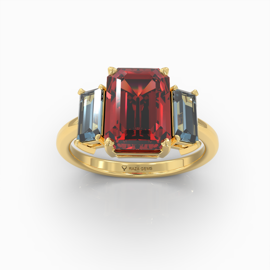 Charmaine - 18K Gold Emerald-Cut Natural Almandine Garnet Ring with Blue-Grey Zircon Accents | Yellow, White & Rose Gold