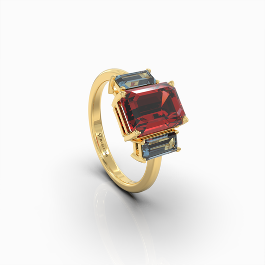 Charmaine - 18K Gold Emerald-Cut Natural Almandine Garnet Ring with Blue-Grey Zircon Accents | Yellow, White & Rose Gold