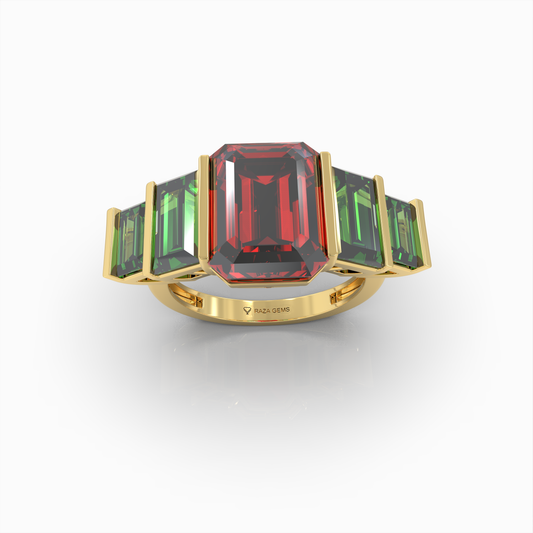 Bronwyn - 18K Gold Five-Stone Emerald-Cut Ruby with Emerald Side Stones | Yellow, White & Rose Gold