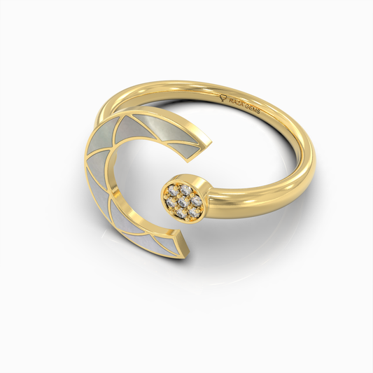 Alannah - 18K Gold Crescent Open Ring with Natural Pearl & Moissanite Accent