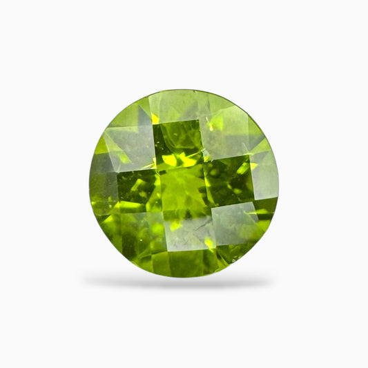 Natural Peridot Round Checker Cut Stone 3.78 Carats 10 mm