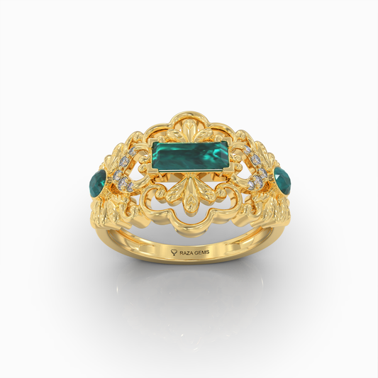 Aileen - 18K Solid Gold Emerald Baguette Ring with Sparkle Moissanite Accents | Available in Yellow, White & Rose Gold