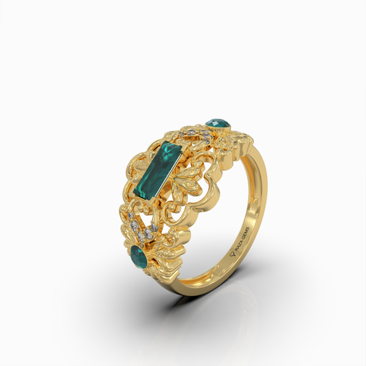 Aileen - 18K Solid Gold Emerald Baguette Ring with Sparkle Moissanite Accents | Available in Yellow, White & Rose Gold