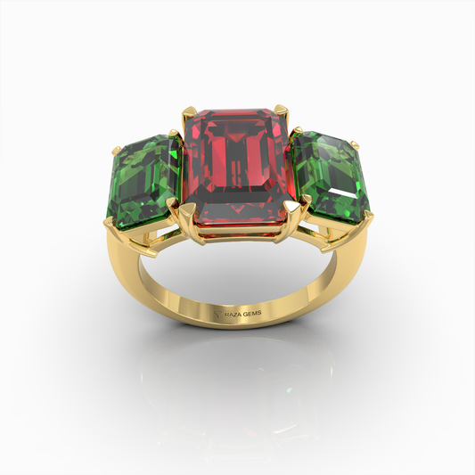 Candice - Three-Stone Crimson Ruby & Emerald-Green Moissanite Statement Ring in 18K Gold