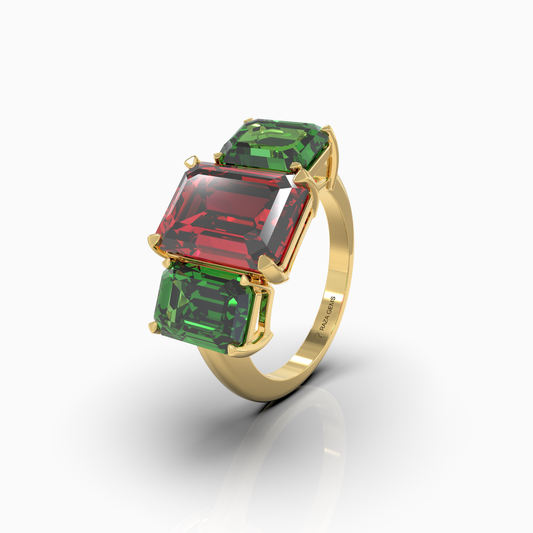 Candice - Three-Stone Crimson Ruby & Emerald-Green Moissanite Statement Ring in 18K Gold