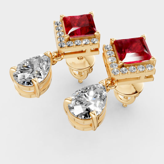 Garnet Earrings for Women – Square Shape with Moissanite in 18K Gold