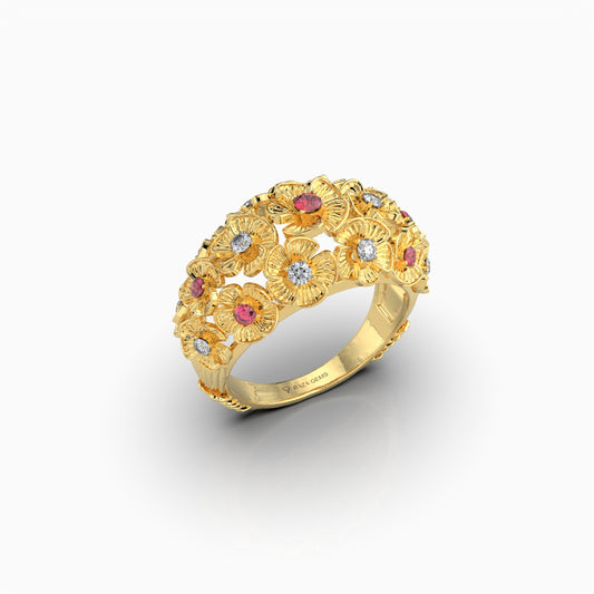 Maddison - Rose Floral Bouquet Ruby & Moissanite Statement Ring in 18K Gold