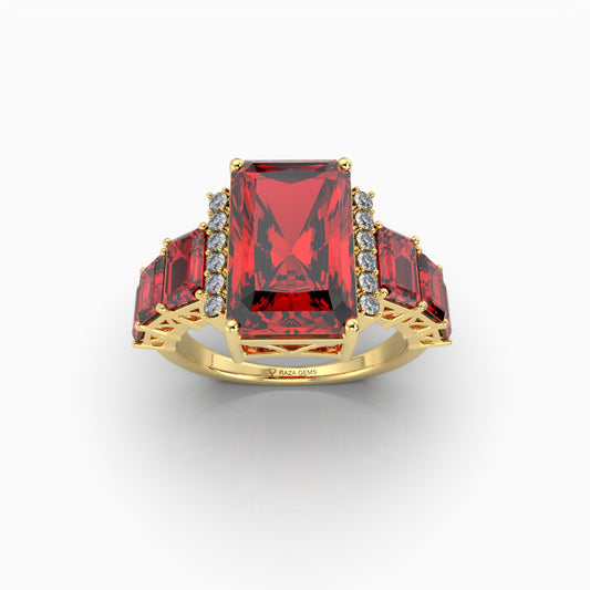 Emma - Emerald Cut Ruby & Moissanite Graduated Statement Ring in 18K Gold