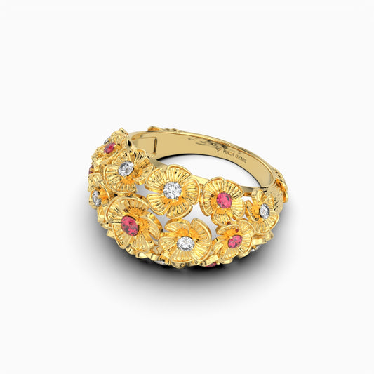 Maddison - Rose Floral Bouquet Ruby & Moissanite Statement Ring in 18K Gold