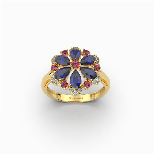 Darcie - Blue Sapphire, Ruby & Moissanite Floral Ring in 18K Gold