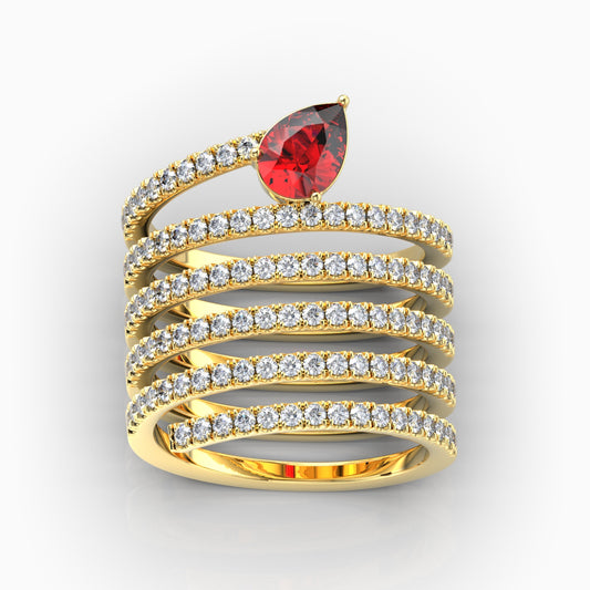 Ariella - Pear Ruby & Moissanite Multi-Band Spiral Ring in 18K Gold