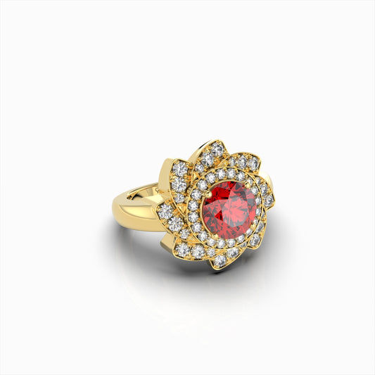 Rosie - 18K Gold Floral Lotus Ruby Ring with Moissanite Halo | Available in Yellow, White & Rose Gold