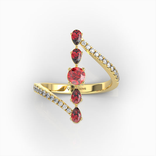 Mia - Modern Pear & Round Ruby Cascade Ring in 18K Solid Gold with Moissanite Accents