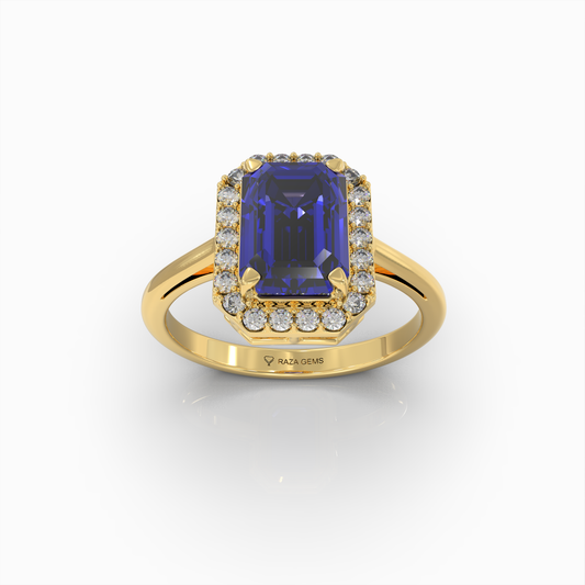 Ivy - 18K Solid Gold Emerald-Cut Natural Blue Sapphire Ring with Moissanite Halo