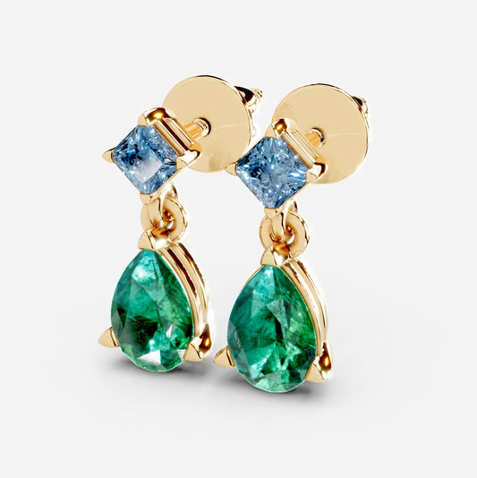 Emerald Earrings for Women – Pear Shape 18K Gold with Aquamarine