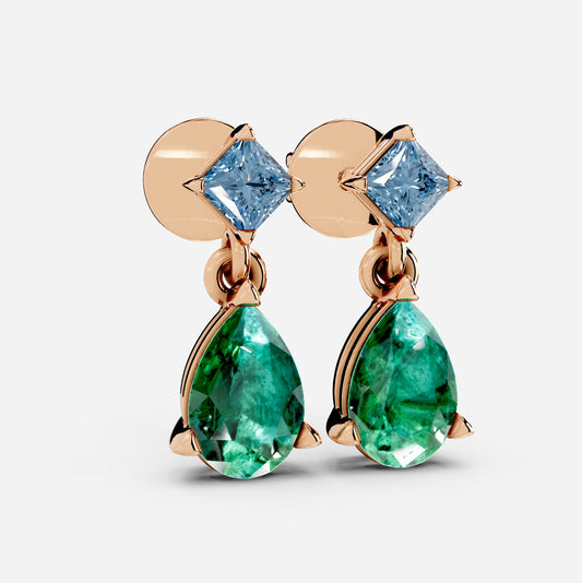 Emerald Earrings for Women – Pear Shape 18K Gold with Aquamarine