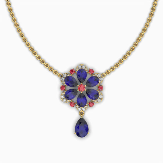 Natural Blue Sapphire Necklace in Gold with Ruby & Moissanite - Aylin