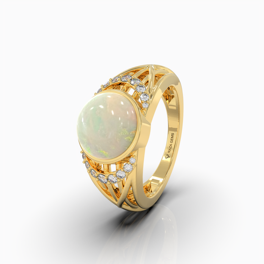 Aleana - 18K Gold Natural Opal Cabochon Statement Ring with Moissanite Halo Accents