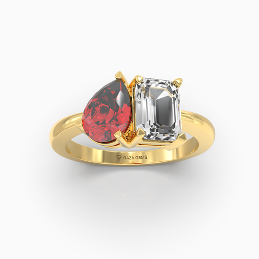 Callie - 18K Gold Natural Pear Ruby & Emerald Moissanite Two-Stone Ring | Yellow, White & Rose Gold