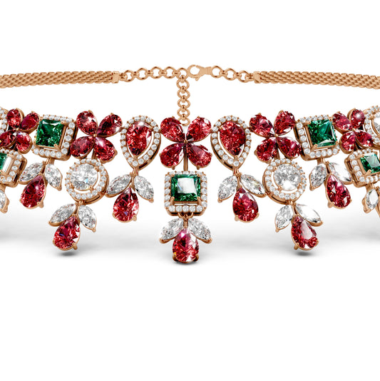 Natural Emerald, Ruby and Diamond Necklace in Gold
