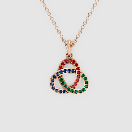 Natural Ruby, Emerald & Sapphire Celtic Trinity Knot Pendant in 18K Gold
