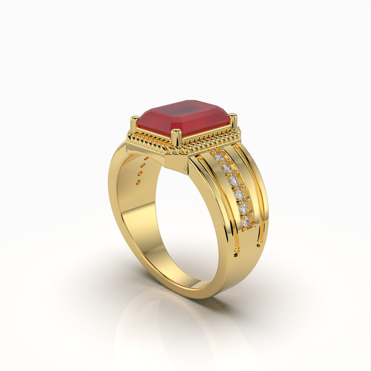 Daisy - 18K Gold Emerald-Cut Ruby Ring with Moissanite Side Accents" (Modern & Direct)
