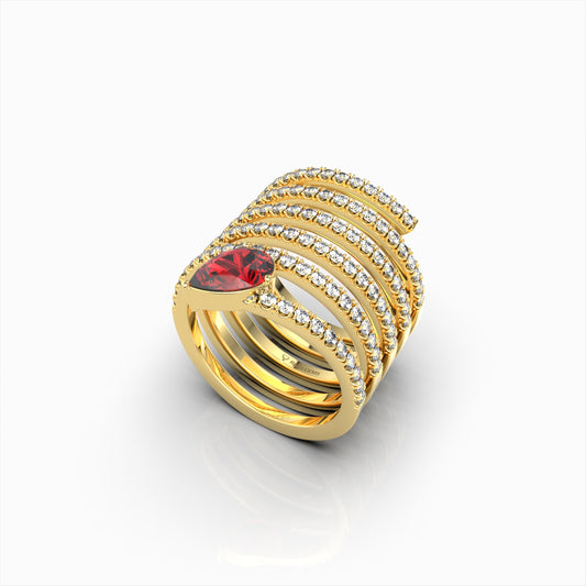 Ariella - Pear Ruby & Moissanite Multi-Band Spiral Ring in 18K Gold