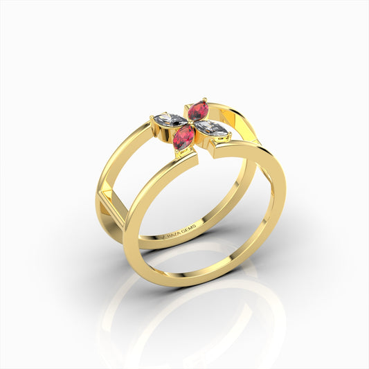 Ottilie - Open Double Band Ruby & Moissanite Blossom Ring in 18K Solid