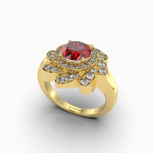 Rosie - 18K Gold Floral Lotus Ruby Ring with Moissanite Halo | Available in Yellow, White & Rose Gold